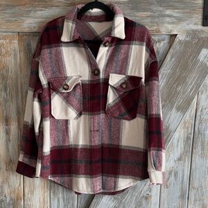 Oversized Plaid Flannel Shirt in Burgundy and Cream